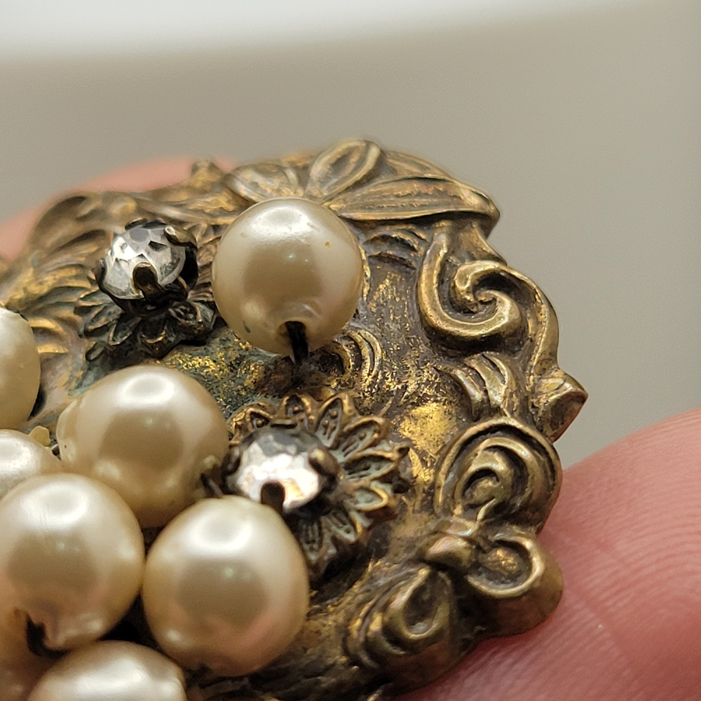 Vintage Art Nouveau Brass Faux Cluster Pearl Sterling Clip-On Earrings *AS-IS* - Picture 10 of 15